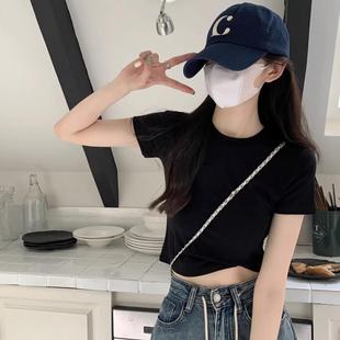 辣妹短款 正肩黑色短袖 显瘦修身 t恤女夏季 别致绝美小上衣 2025新款
