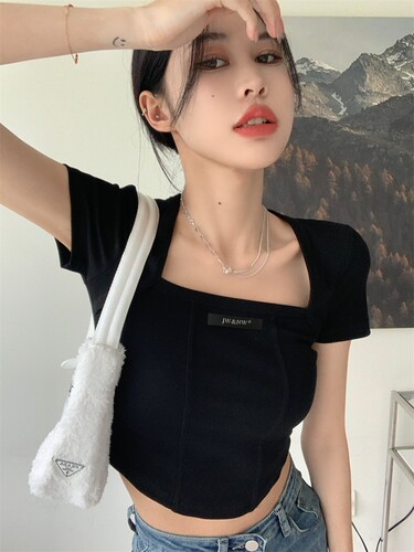 高腰露脐U领T恤女短款正肩