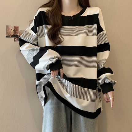 美式复古oversize条纹卫衣女春秋季薄款宽松bf慵懒风小众长袖上衣