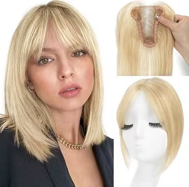 gia白金色布丁头假发片瑞士蕾丝网手勾9度浅金真人发无痕补发片