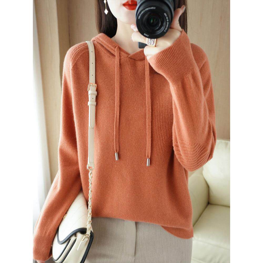 配大衣好看秋冬加厚羊毛帽衫女宽松连帽针织毛衣卫衣带帽打底衫