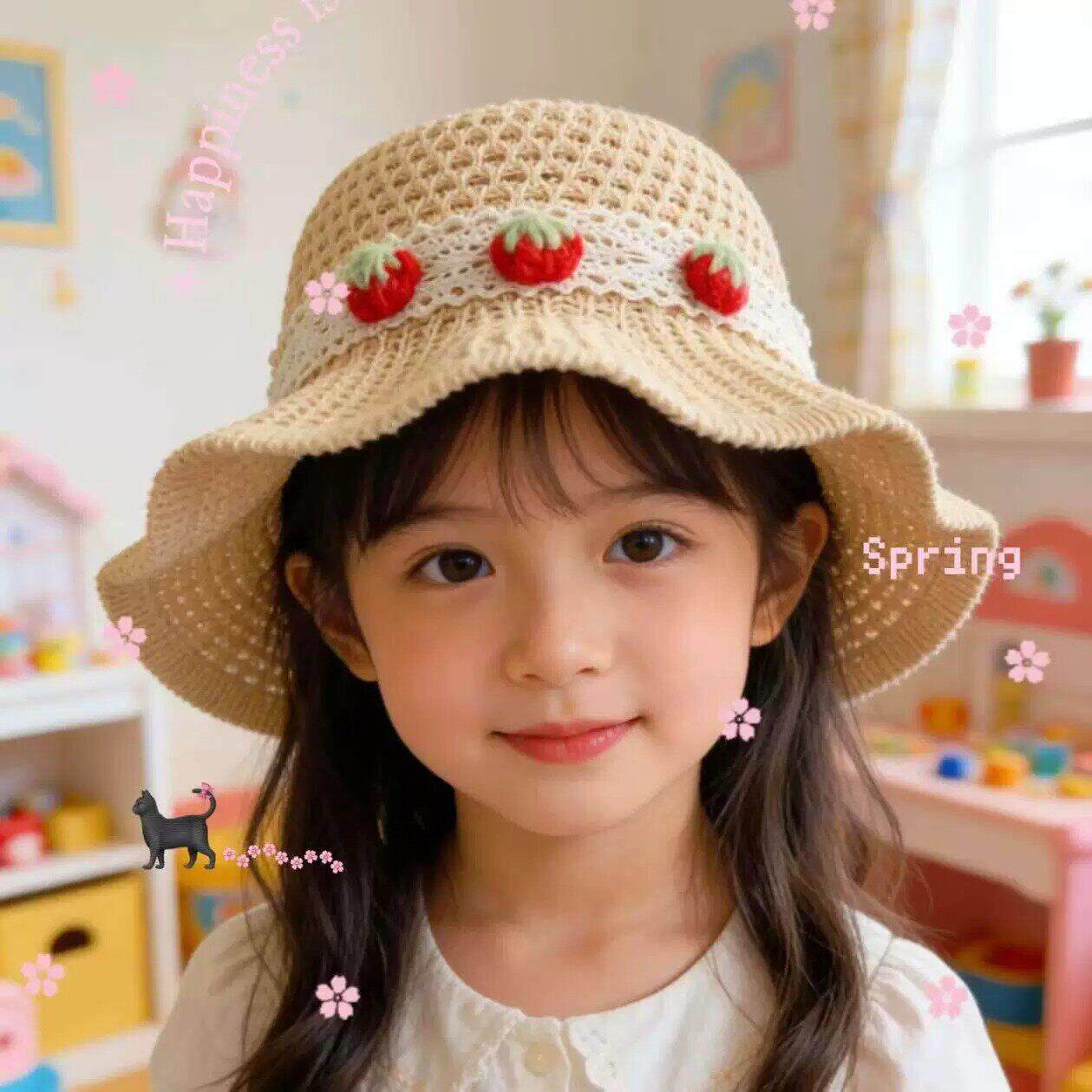 宝宝草帽防晒帽夏季女童帽子遮阳帽手工编织女孩沙滩帽公主帽