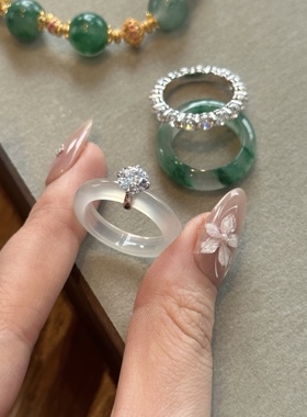 不掉色925银镀金天然白玛瑙翡翠蛋面莫桑钻戒指女款时尚百搭指环