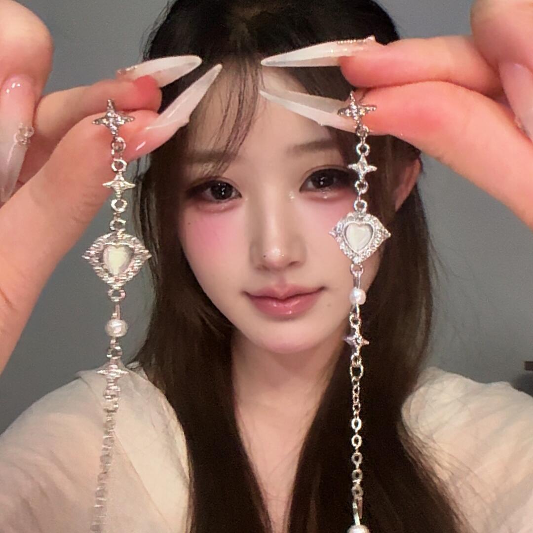 纯欲小仙女!爱心细链流苏耳钉长款显瘦精致氛围感耳环女时尚超仙