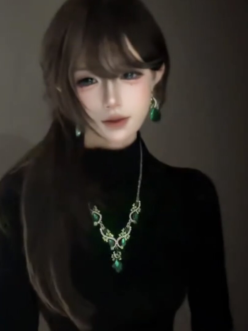 新款镶钻绿色宝石项链耳环套装女轻奢高级感晚礼服配饰耳饰锁骨链