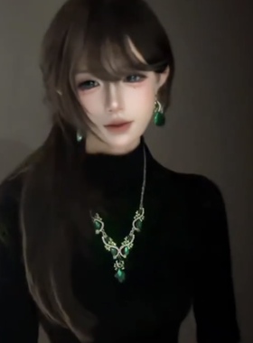 新款镶钻绿色宝石项链耳环套装女轻奢高级感晚礼服配饰耳饰锁骨链
