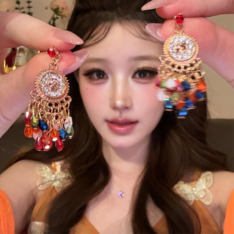 异域民族风！彩色太阳花轻奢耳钉女流苏长款度假复古气质百搭耳环
