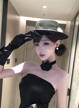 法式赫本黑色网纱山茶花礼帽留洋千金复古优雅名媛气质高级平顶帽