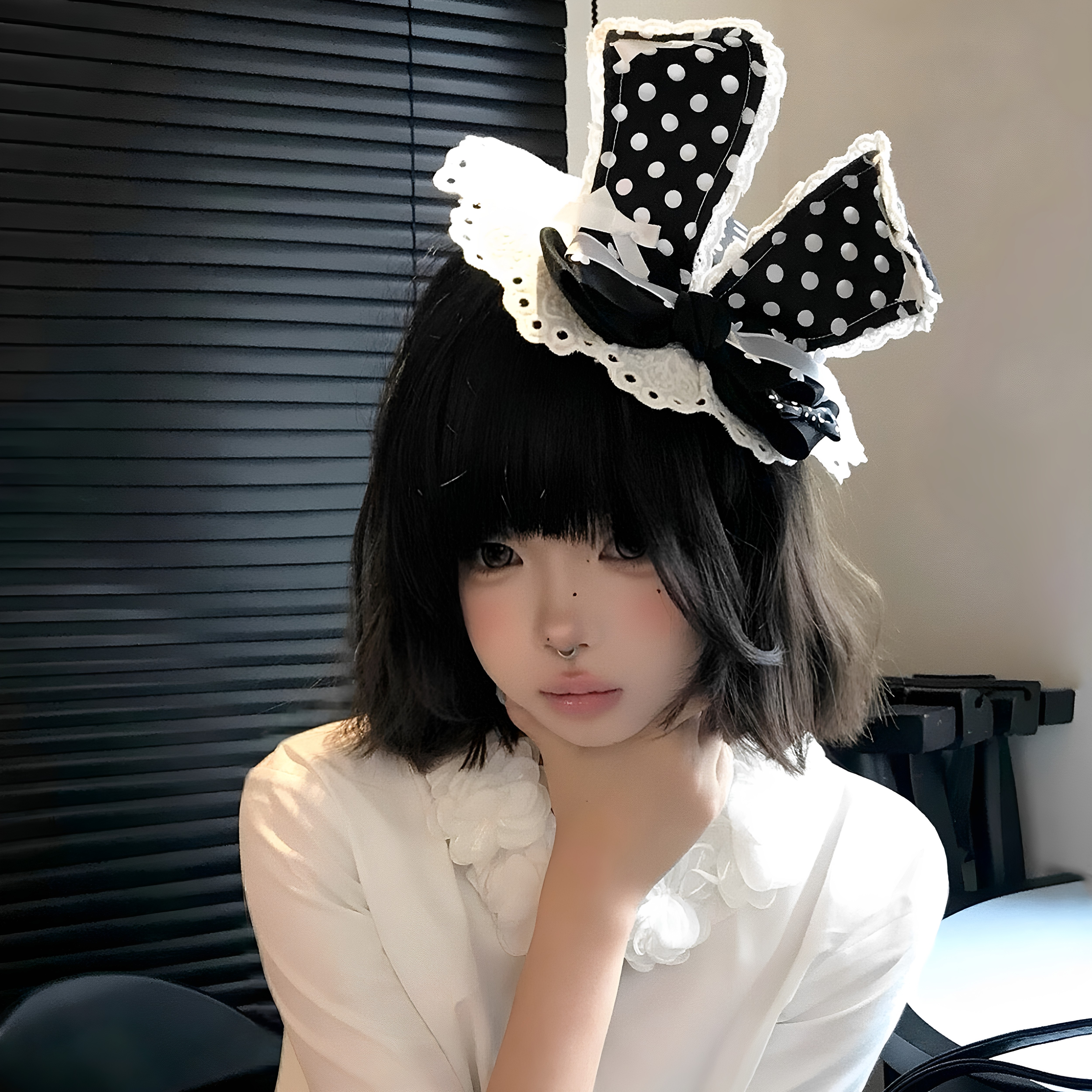 甜美黑白波点蕾丝兔耳朵发夹头饰可爱兔子女仆lolita发饰发夹配饰