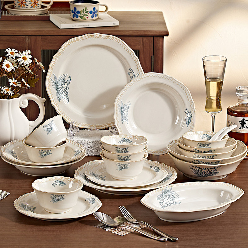 碗盘套装家用2026新款高颜值复古碗陶瓷碗碟餐具乔迁新居铃兰花