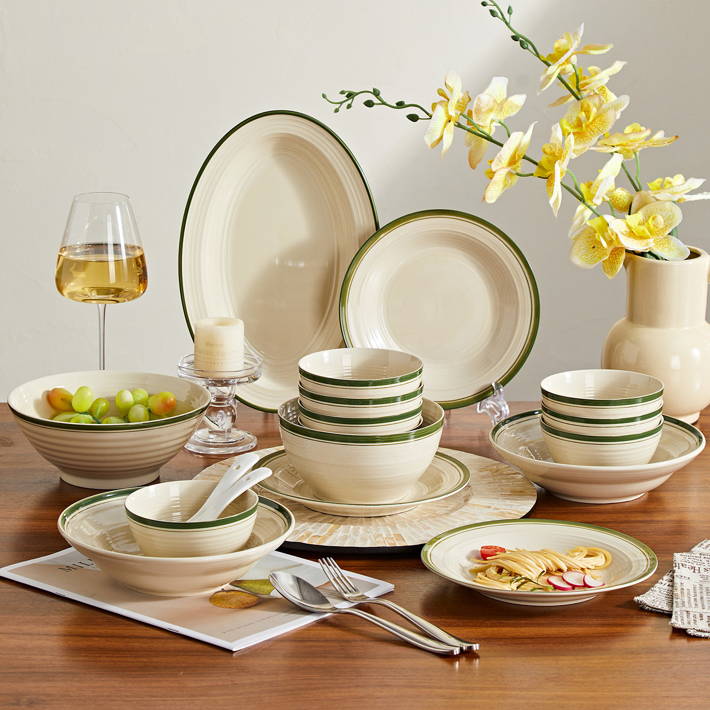 复古餐具套装家用2025新款高颜值简约陶瓷碗盘组合乔迁送礼绿韵