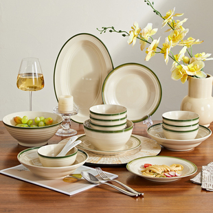 复古餐具套装家用2025新款高颜值简约陶瓷碗盘组合乔迁送礼绿韵