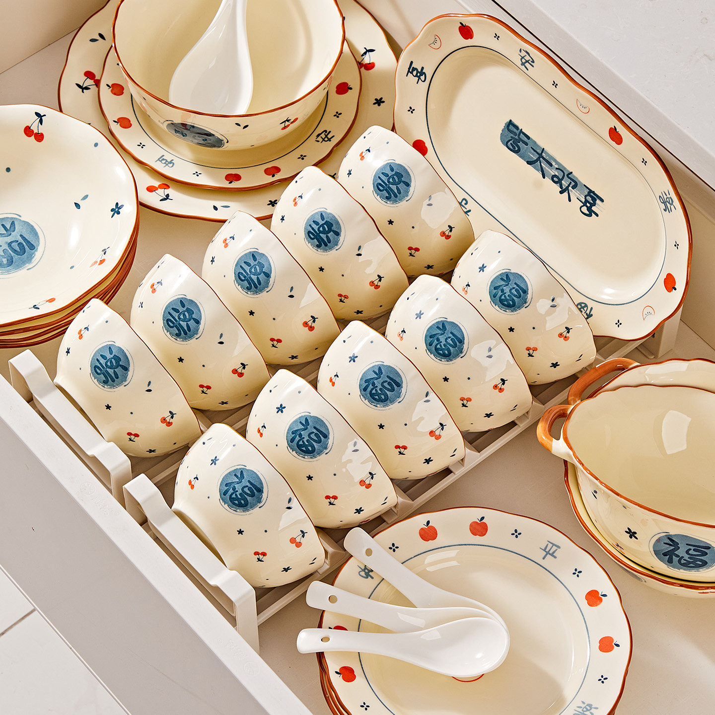 碗盘套装家用2026新款福字高颜值碗碟陶瓷餐具乔迁新居礼物福乐