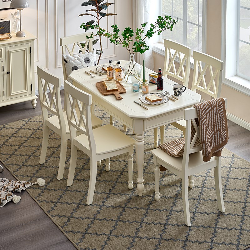 美式实木餐桌椅组合奶油风白色现代简约长方形饭桌餐厅小户型家用