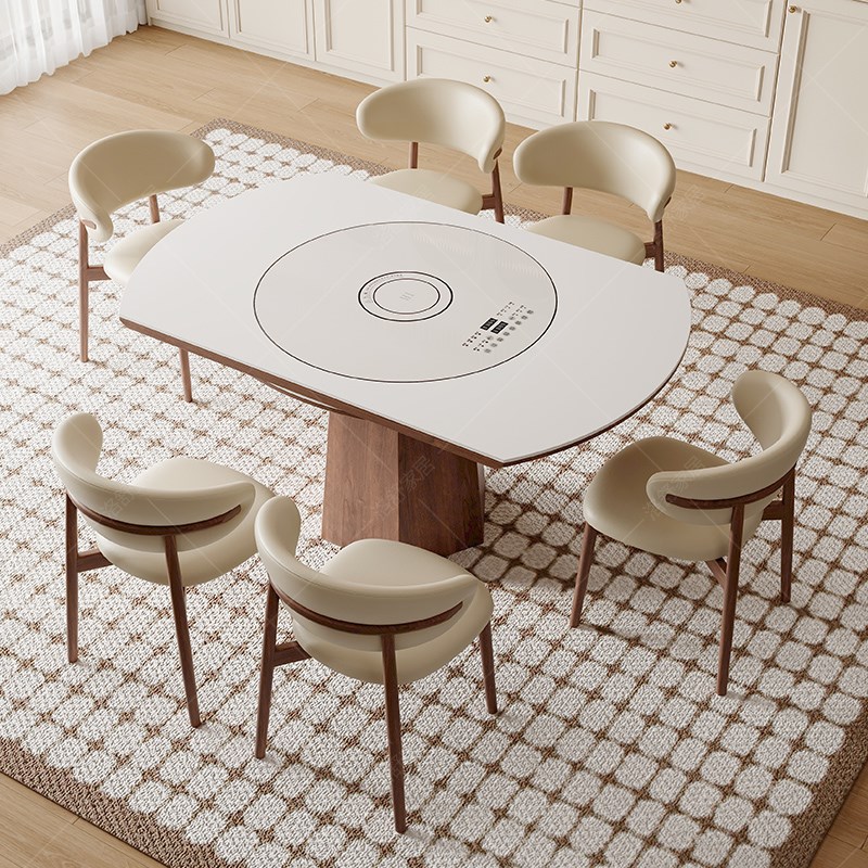 2025新款可伸缩实木餐桌多功能嵌入式电磁炉转盘家用岩板吃饭圆桌