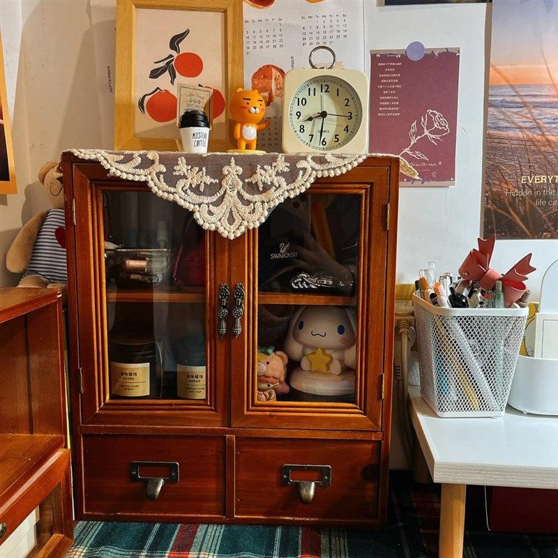桌面收纳木质小柜子复古收纳柜杯子置物柜桌面化妆品展示架子做旧