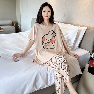 胖妹新款卡通加大码睡衣夏季女200斤宽松纯棉短袖八X分长裤家居服