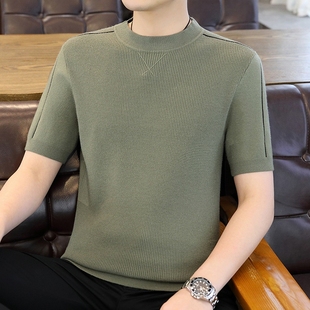 男士毛衣半袖男款秋冬季中领半截C袖针织衫纯色休闲线衣体恤半高