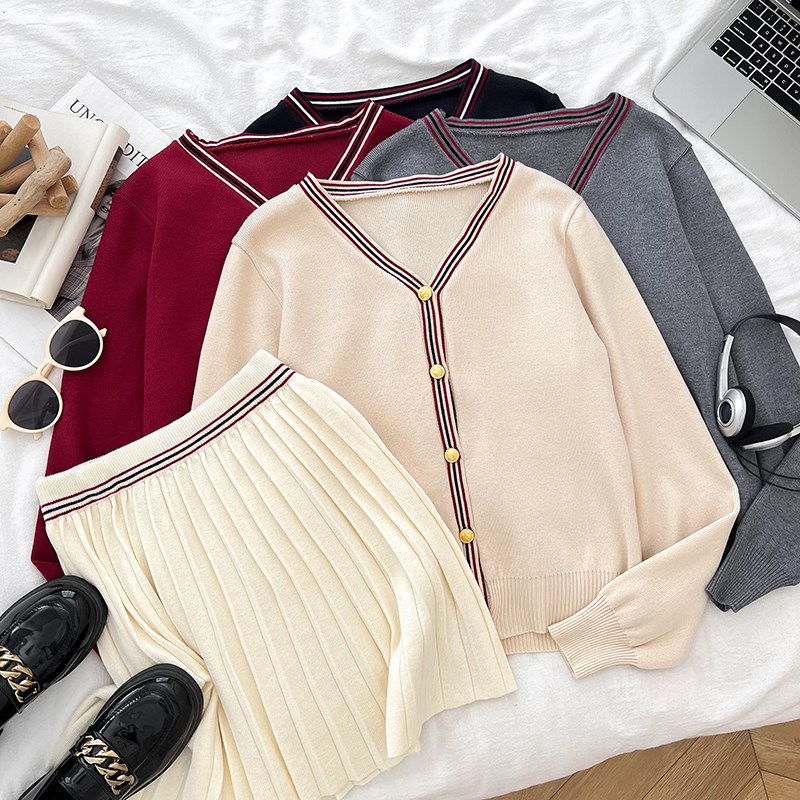 学院风v领单排扣针织衫开衫毛衣上衣+高腰半身裙百褶裙两件套女