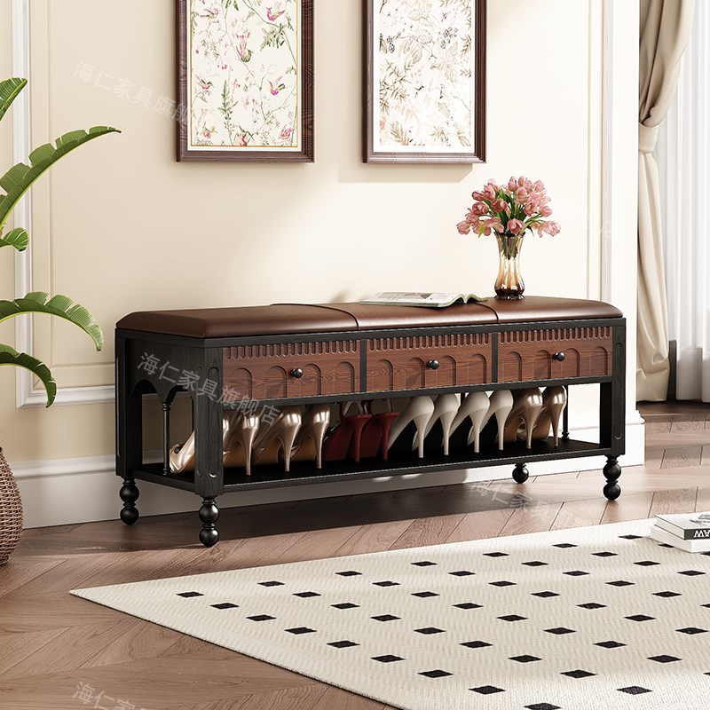 中古风实木换鞋凳鞋柜可坐带抽屉收纳家用门口真皮轻奢入户穿鞋凳