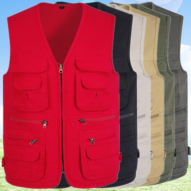 红色纯棉马甲订制印字印LOGO多口袋工装马夹背心志愿者工服加肥大