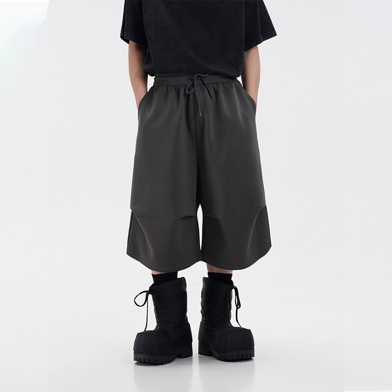 美式运动空气层弯刀廓形七分短裤男潮牌休闲卫裤高腰阔腿裤子夏季