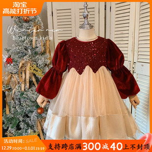 女童秋冬季洋装2023新款高级儿童加厚加绒新年红裙子洋派公主裙