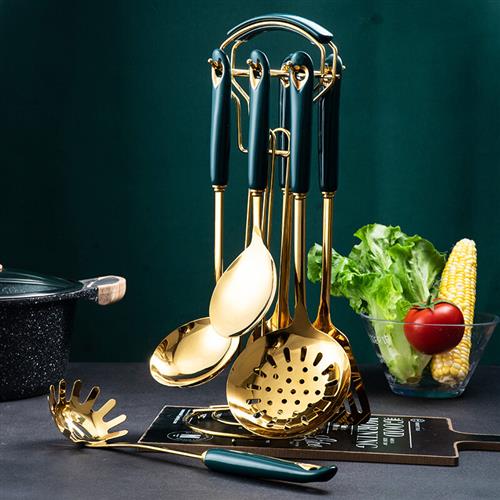 古莜 不锈钢锅铲勺子套装厨房置物架汤勺饭匙漏勺煎铲粉捞七件套3