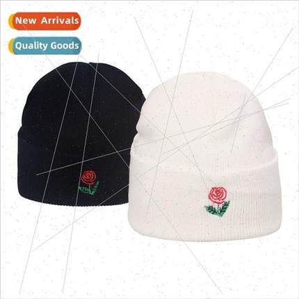 New black whe flowers embroidery pullover hat outdoor warm k