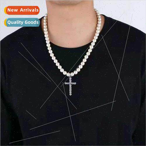 Europe men vintage imation pearl rhinestone cross necklace s