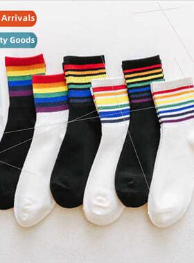 2020 Autumn Winter Rainbow Stripe Mid-calf Women Socks Japan