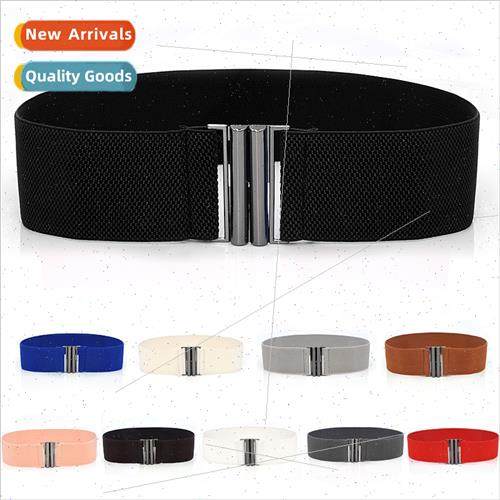 Wide Elastic Belt Solid Color Corset Belt Metal Buckle Lady