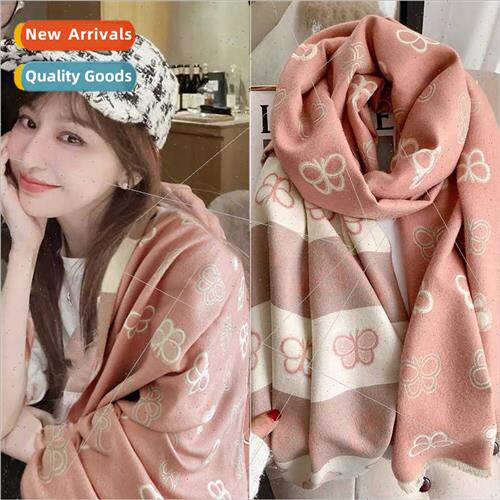 Korean  pink sweet butterfly faux cashmere scarf female autu