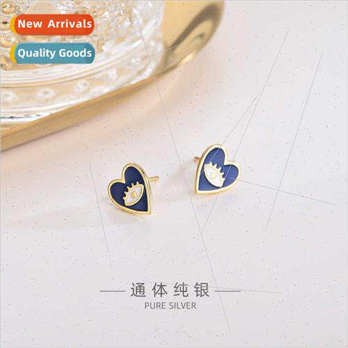 s925 silver Korea heart shaped devil eye stud earrings drip