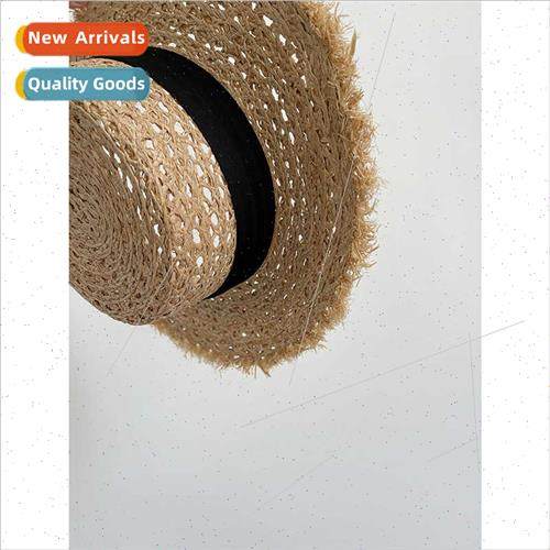 Raffi Straw Hat Women Summer Hollow Out Design Flat Top Flat