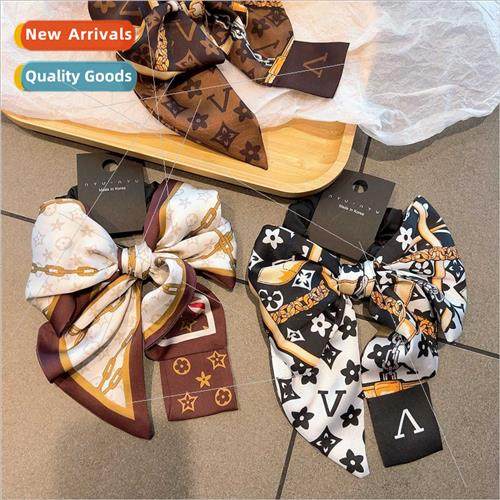Korea  retro satin printing letters high  large bow flutteri