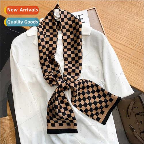 2022 chess grid thin narrow long silk scarf women hair bKore