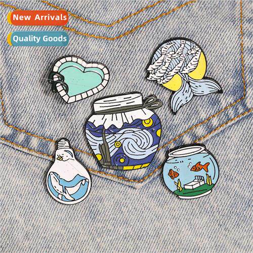 brooch blue series Van Gogh wine bottle light bulb whale sun