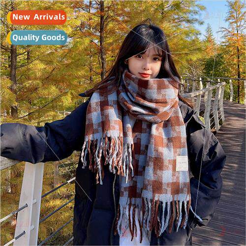 Mosaic plaid scarf female fall winter 2021 new Korean  full