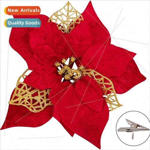 20CM Red Diamond Velvet wh Gold Dust Christmas Flower Christ