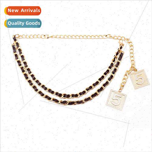 Fashion 5 Word Tag Waist Chain Braided Metal Belt mple Black