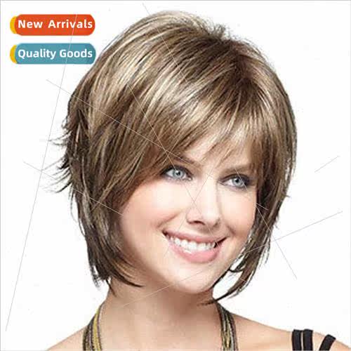 Europe ladies short oblique bangs fluffy mixed gold pick col