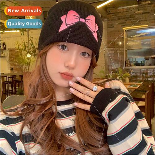 Sweet酷优等生重工刺绣蝴蝶结针织帽子女秋冬冷帽百搭毛线帽大头