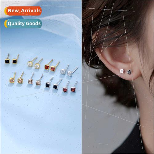 S925 silver mini square earrings small geometric square rais
