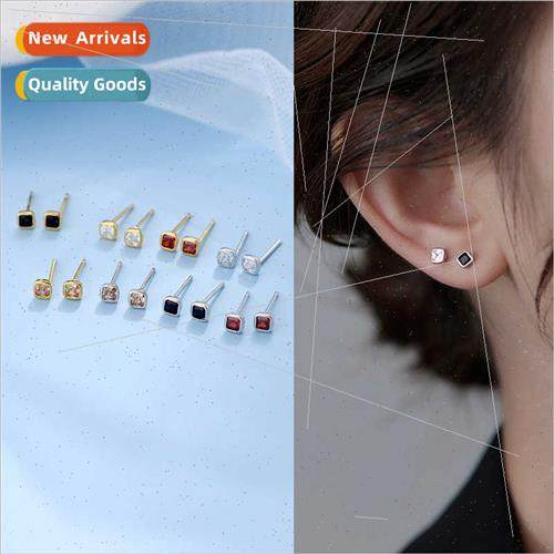S925 silver mini square earrings small geometric square rais
