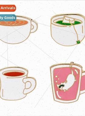fashion coffee cup green tea cup cat oil drop cartoon brooch
