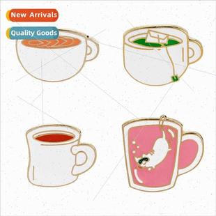 green tea cartoon coffee brooch drop cup oil fashion cat