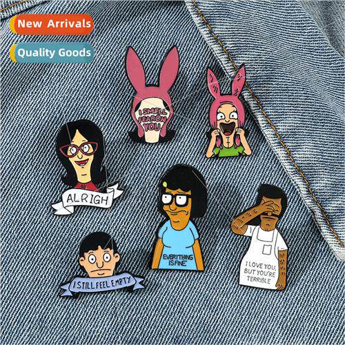 Cartoon characters around the metal badges Happy Burger Shop