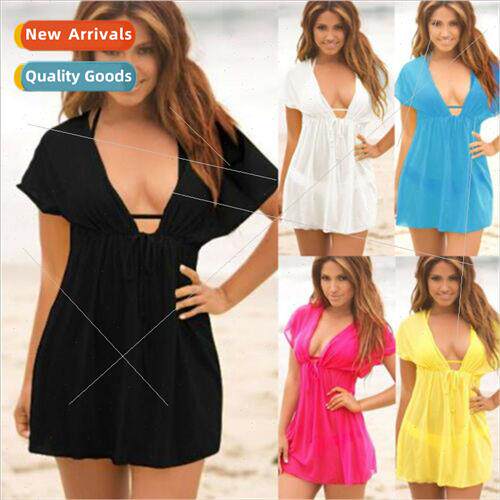 Summer Ladies Sexy Beach V-neck Mini dress Transparent Bikin