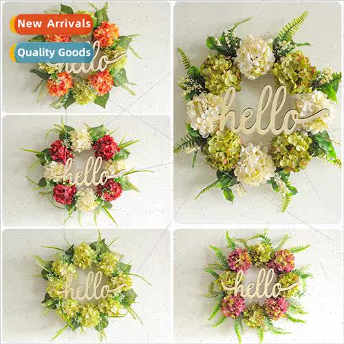 Multi hello wooden sign wreath door wall hanging hydrangea r